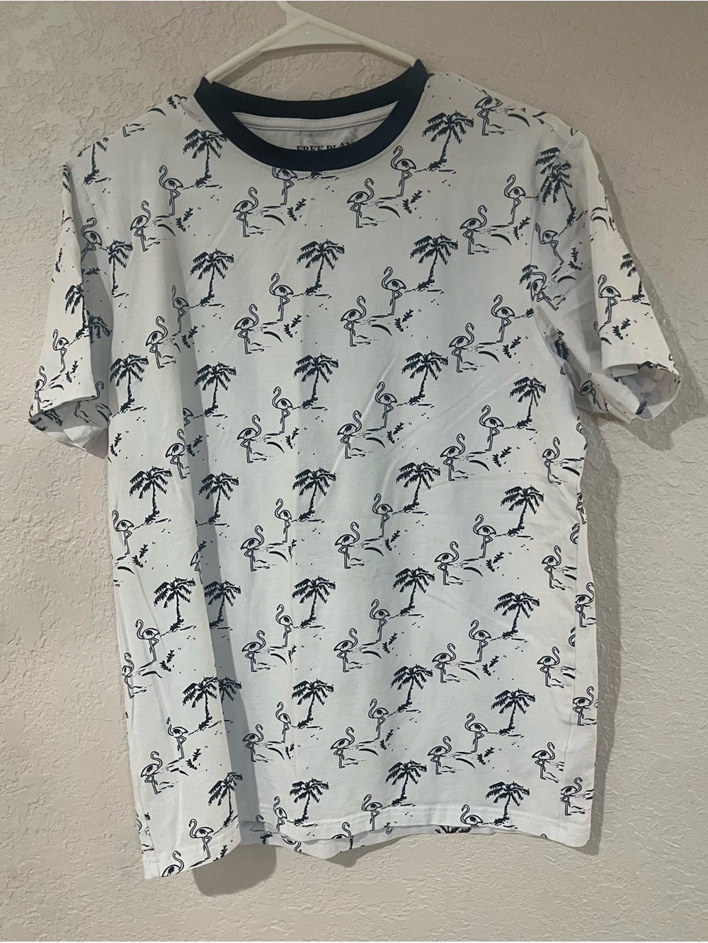 Free Planet White Short Sleeve Tee with Black Flamingo & Palm Pattern